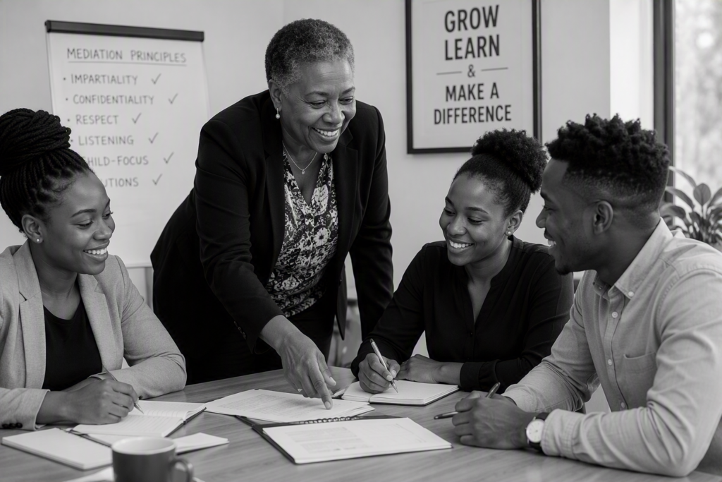 Senior mediator guiding trainee mediators through mediation principles during the ACR Mentorship Programme