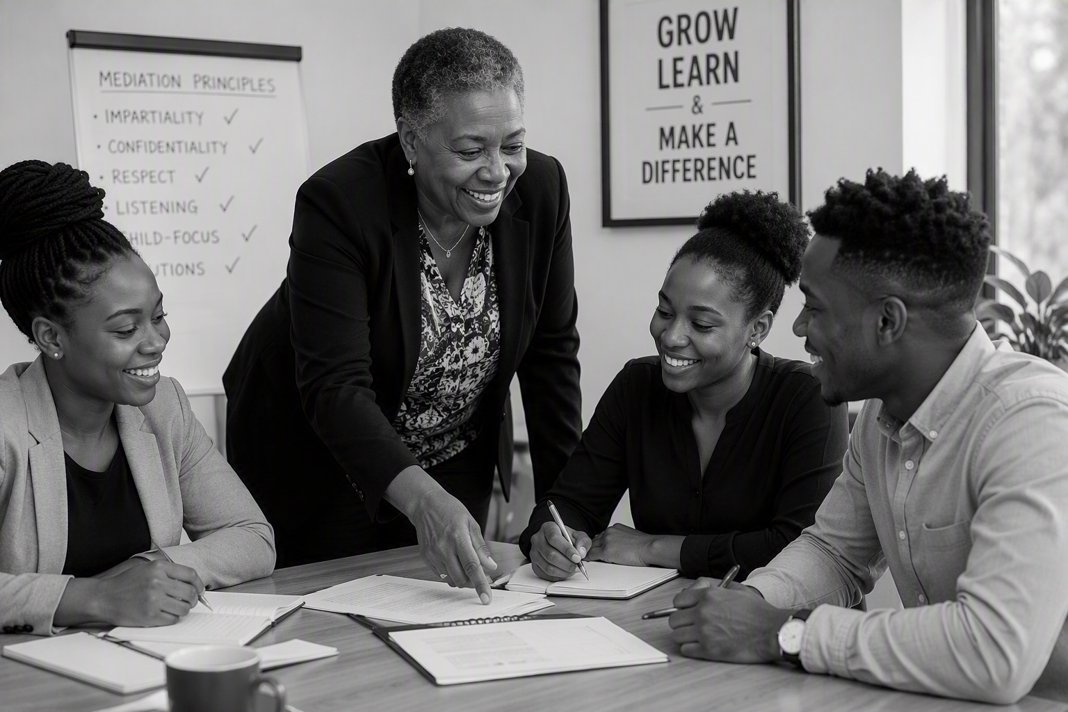Senior mediator guiding trainee mediators through mediation principles during the ACR Mentorship Programme
