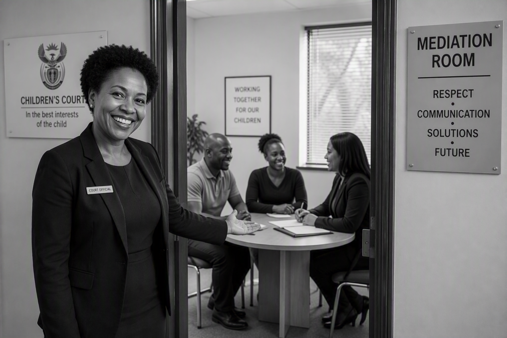 Court official welcoming a family into the mediation room at a Children's Court, illustrating court referrals to mediation