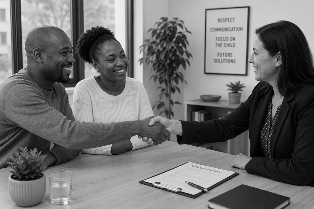 Parents shaking hands with a mediator after reaching a signed mediation agreement, contrasted with litigation