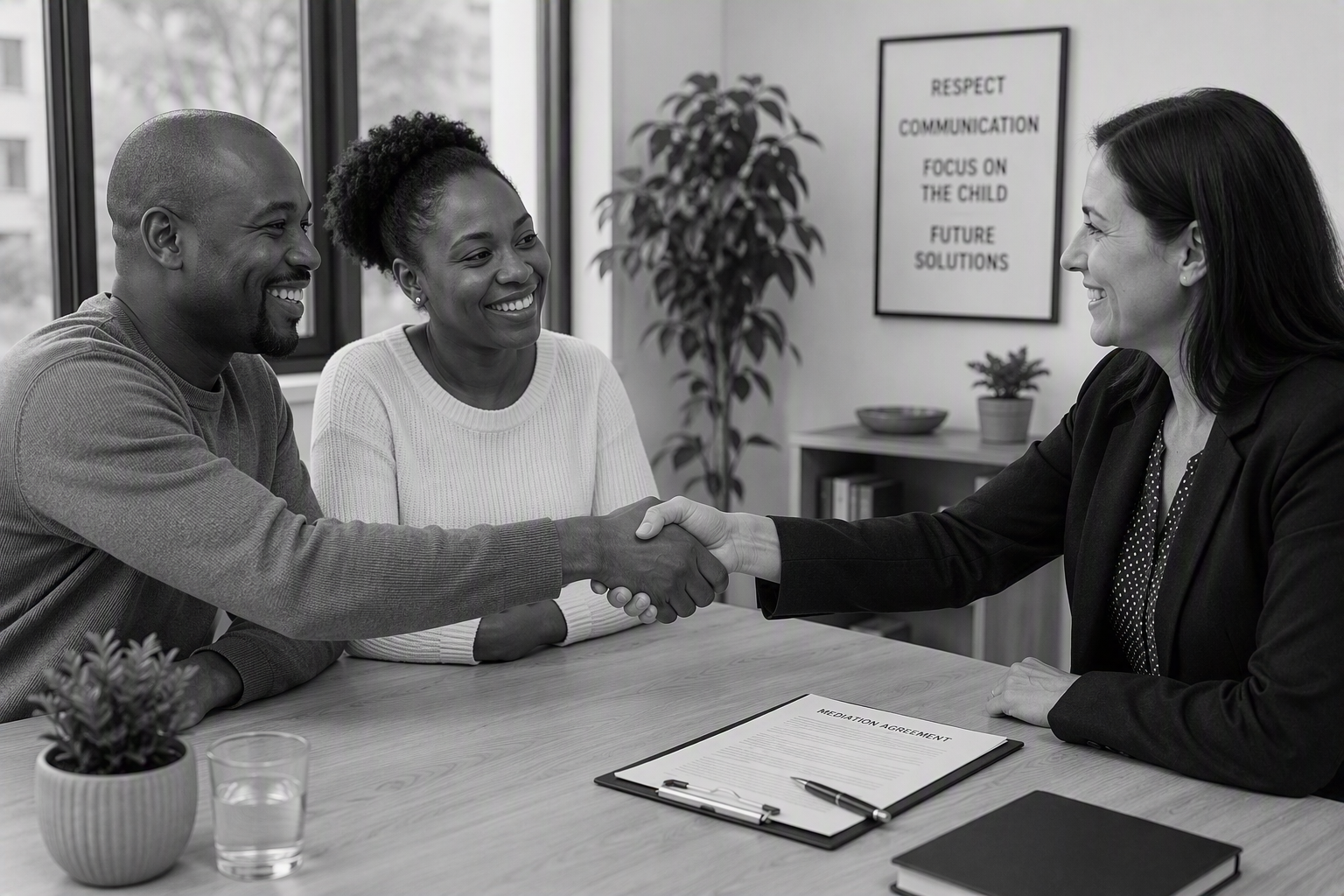 Parents shaking hands with a mediator after reaching a signed mediation agreement, contrasted with litigation