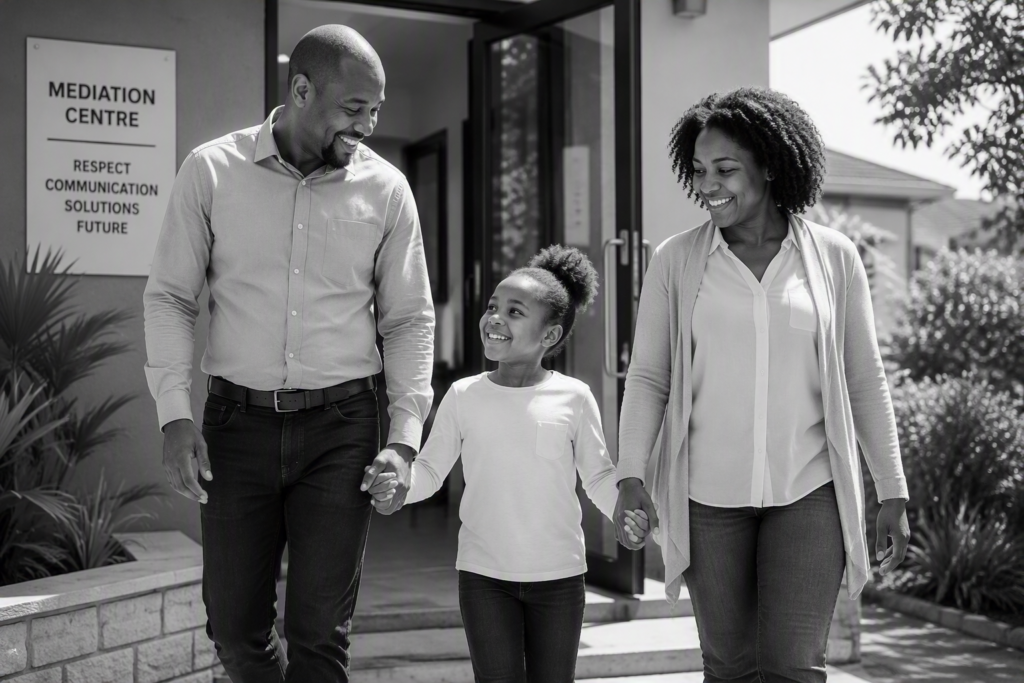 Parents and their child walking out of a Mediation Centre together after a Children's Court mediation session