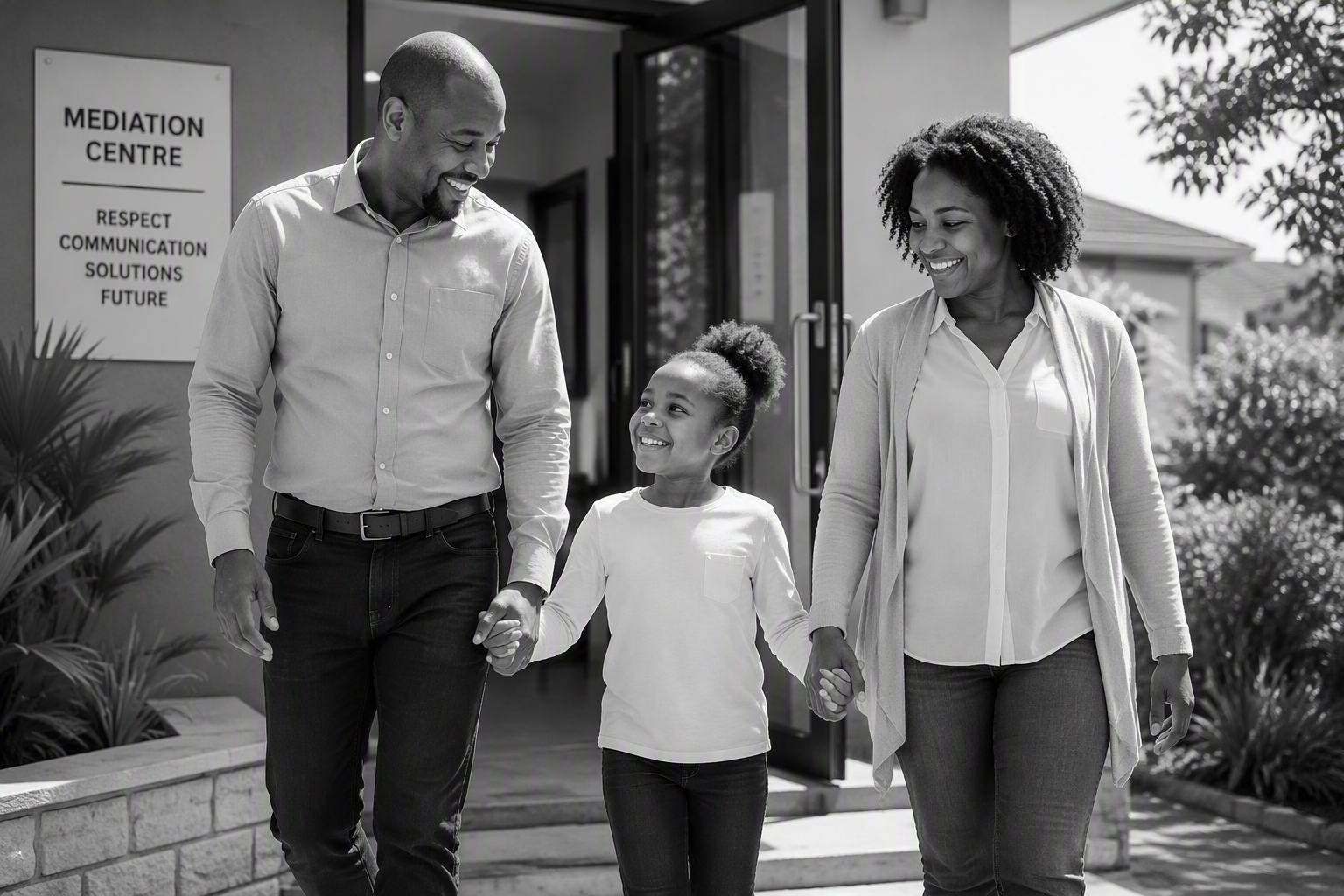 Parents and their child walking out of a Mediation Centre together after a Children's Court mediation session